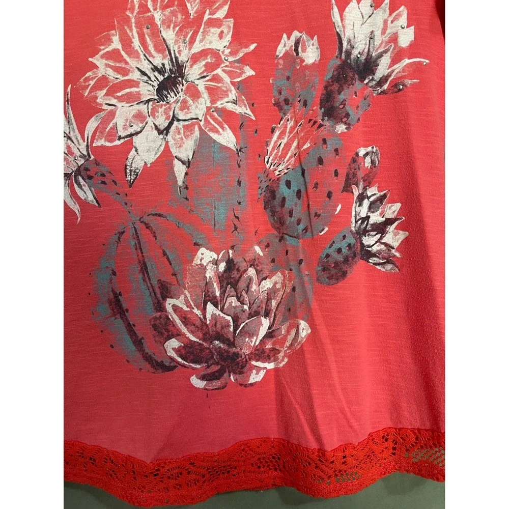 Kim Rogers Petite Coral Pink Cactus Flower Lace Trim Graphic Tee Shirt PM